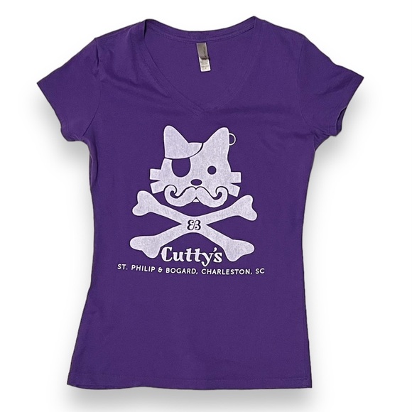 3/$30 Cutty’s Bar Charleston SC Graphic Tee Purple Medium Fitted V-Neck T-Shirt - Picture 1 of 12